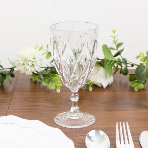 12 Pack Diamond Cut Vintage Plastic Wine Goblets – Clear 11oz Embossed Reusable Drink & Cocktail Glasses